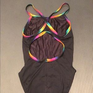 Black swimsuit with rainbow edging